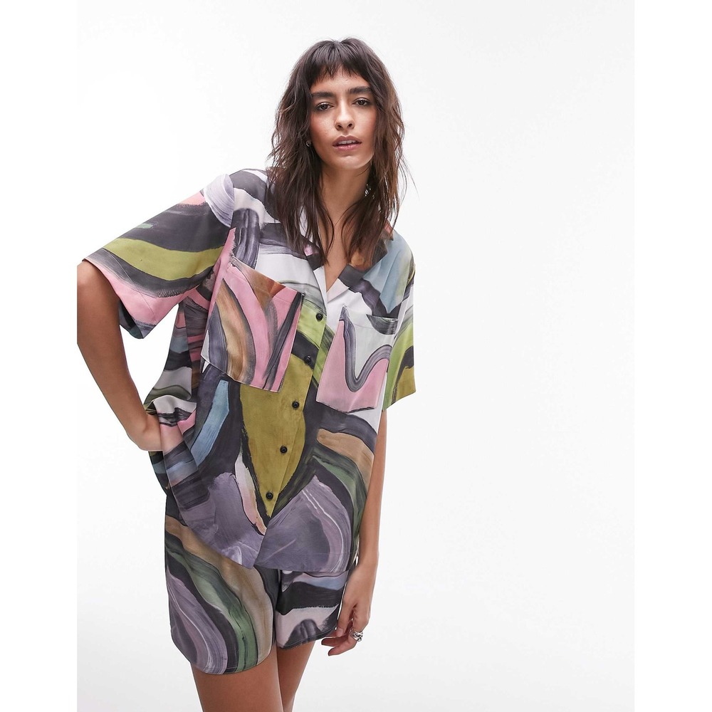 Topshop satin paint swirl resort Shirt Shorts Set Multicolor Sz US 2 Oversized